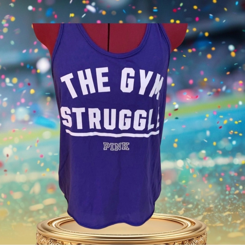 Victoria's Secret Pink tank top Workout with “The Gym Struggles” white logo